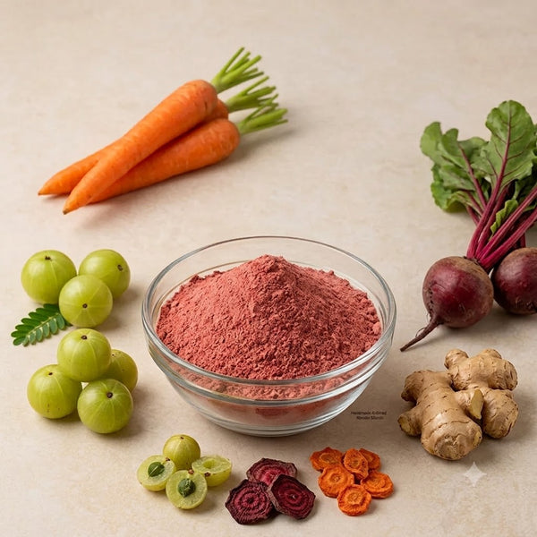 Nature Delights ABCG powder (amla, beetroot, carrot and ginger) in a glass bowl with fresh carrots, amla, beetroot and ginger