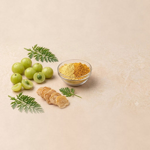 Nature Delights amla (Indian gooseberry) powder in a glass bowl with fresh amla and dried amla slices