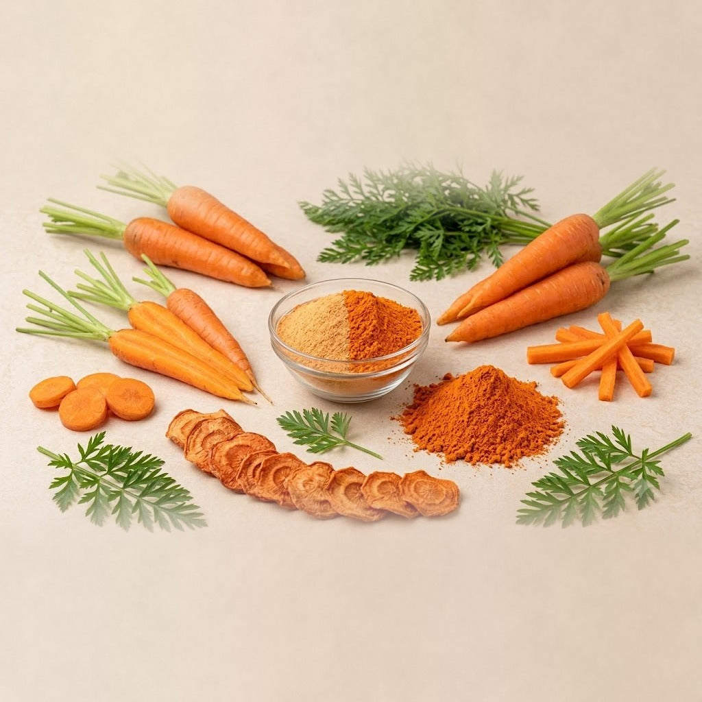 Nature Delights carrot powder in a glass bowl with fresh carrots and dried carrot slices