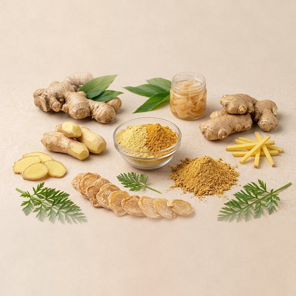 Nature Delights ginger powder in a glass bowl with fresh ginger roots and dried ginger slices
